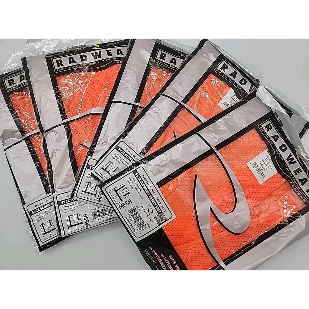Lot of 5 Safety Vest Radwear Size LARGE SV2Z Zipper Front 2Pockets ANSI/ISEA 107